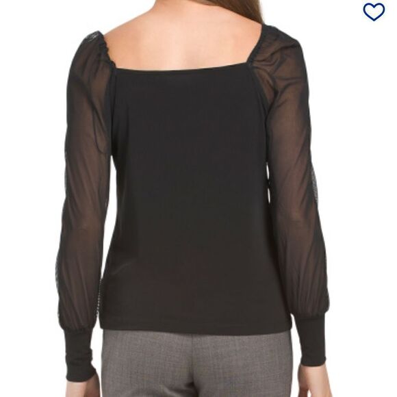 Tahari Square Neck Mix Media Sheer Sleeve Top Black XL - Picture 3 of 11